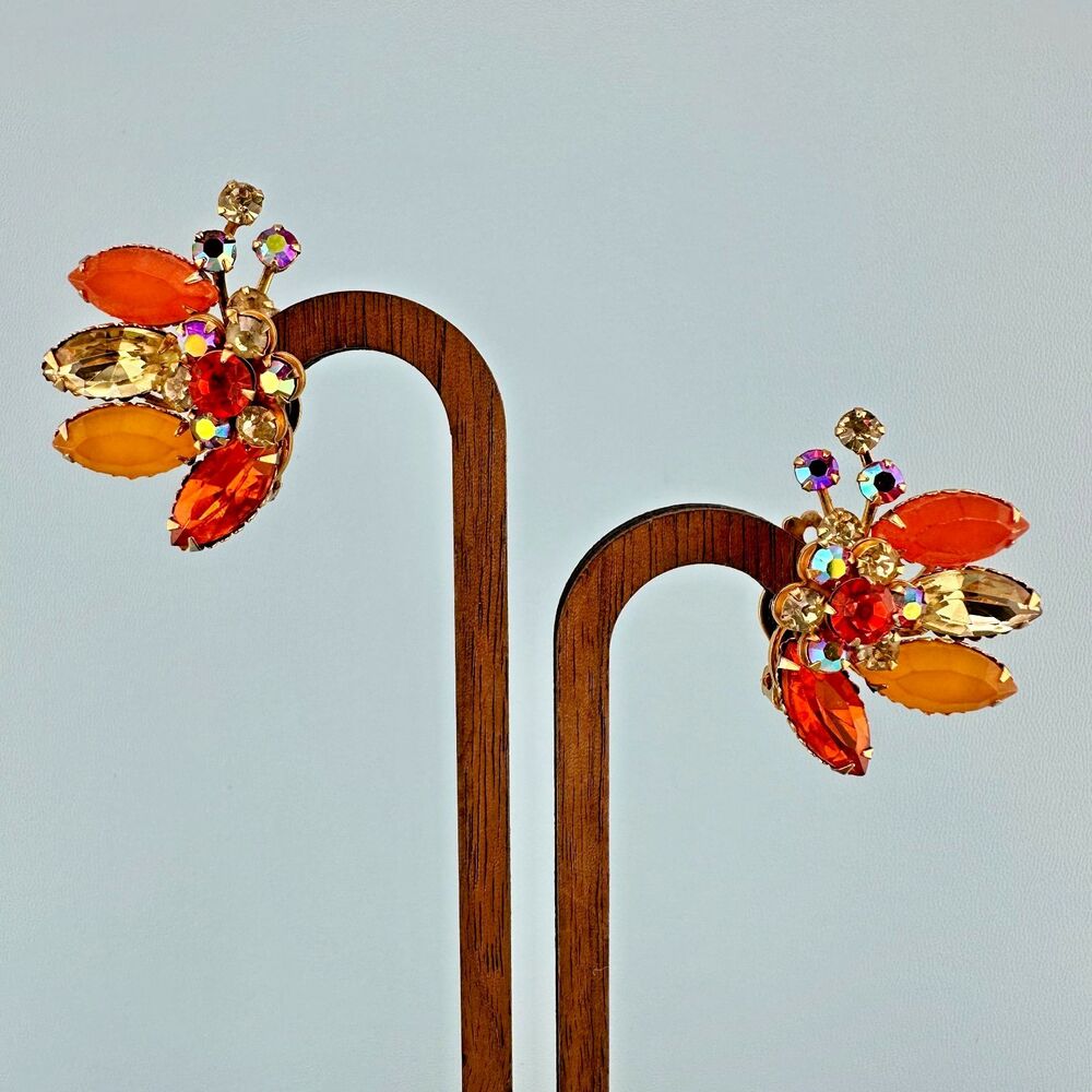 Vintage Rhinestone Clip On Earrings Orange Yellow Frosted Lucite Flower Climbers
